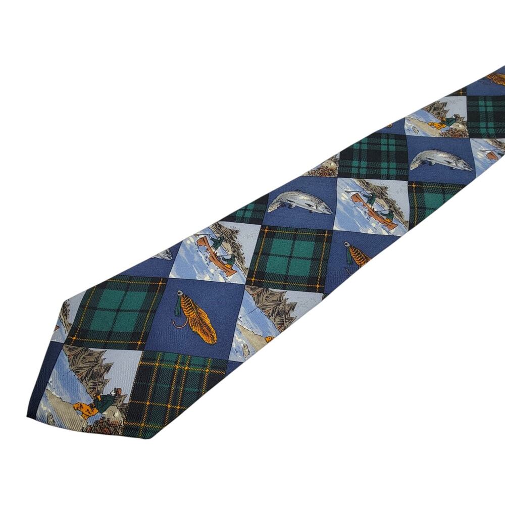 Vintage Ruff Hewn Silk Tie Mens Fly Fishing Trout Tartan Plaid Novelty Necktie